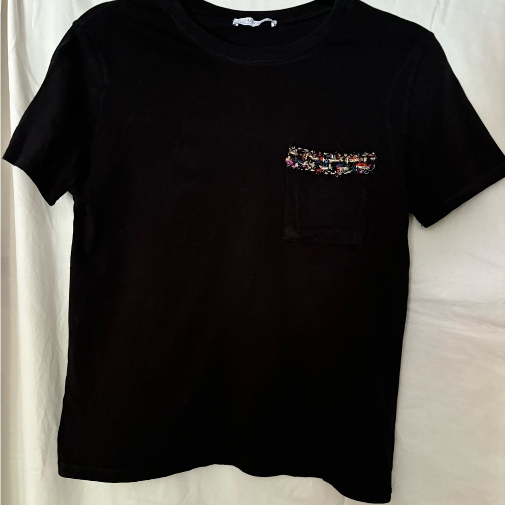 Zara Black Tee with Multicolor Pocket